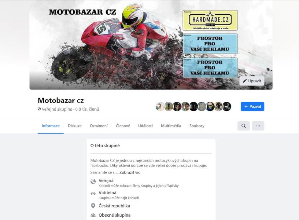 Reklama na Facebook skupině Motobazar cz 9000+ členů