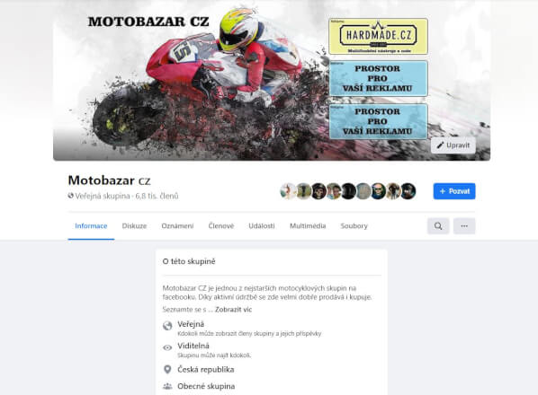 Reklama na Facebook skupině Motobazar cz 9000+ členů