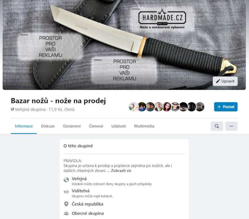 Reklama na Facebook skupině Bazar nožů 32000+ členů