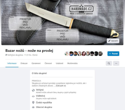 Reklama na Facebook skupině Bazar nožů 32000+ členů