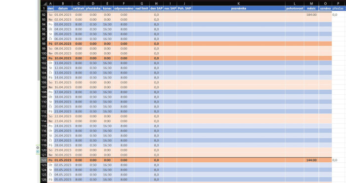 EXCEL: Odpracovaná doba, kalkulátor přesčasů