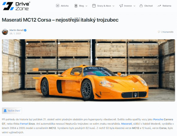 Zpětný odkaz z obsahu článku automotive webu