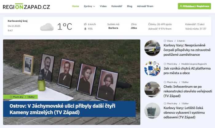 Zveřejnění PR článku na portálu REGIONZAPAD.CZ