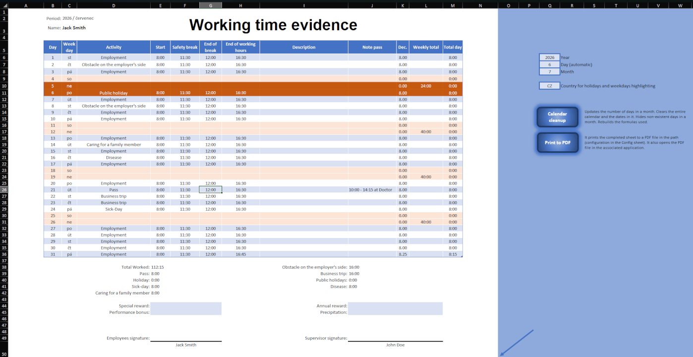 Excel:Evidence pracovní doby se státními svátky a lokalizací