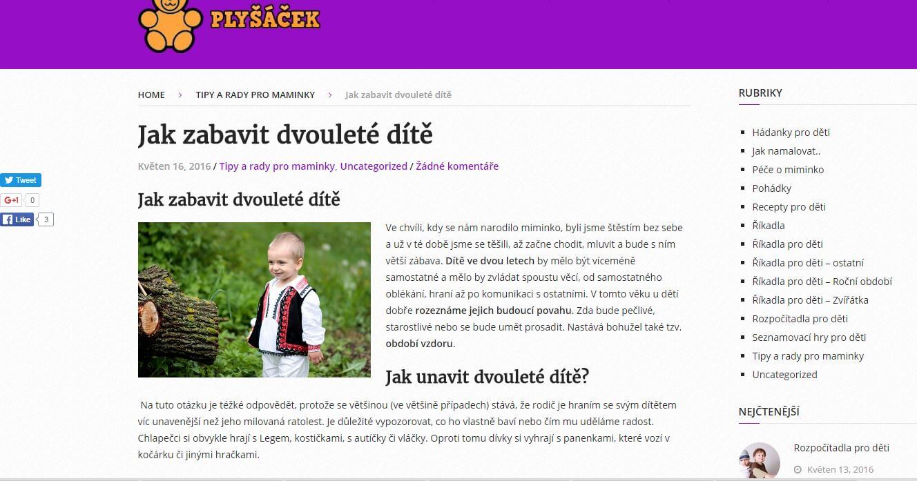 PR článek + sdílení na Facebooku - magazín pro děti a maminky PLYSACEK.cz