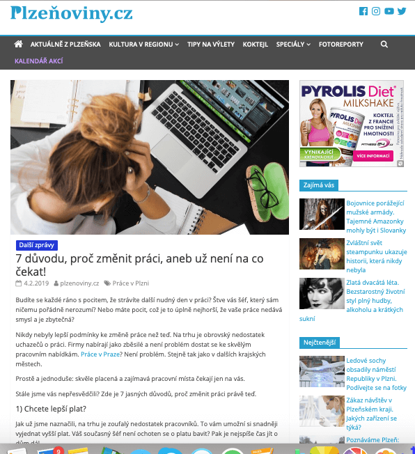 Publikace PR článku ve zpravodajském magazínu Plzenoviny.cz