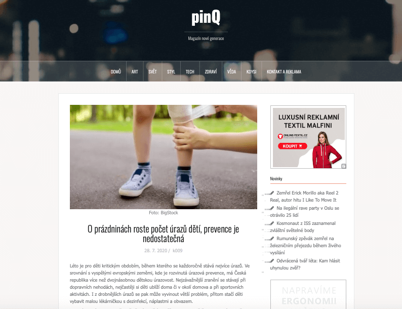 Publikace PR článku v lifestyle magazínu Pinq.cz