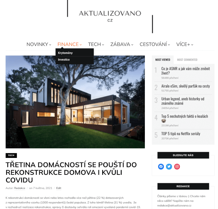 Publikování článku na webu Aktualizovano.cz 