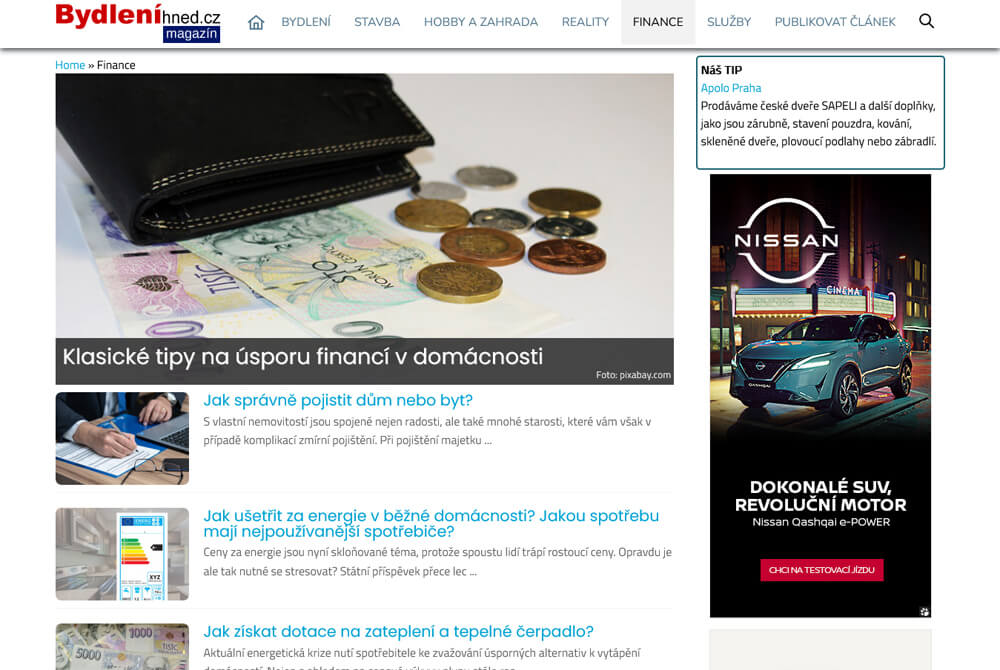 Publikace článku na magazínu o bydlení - Bydlenihned.cz