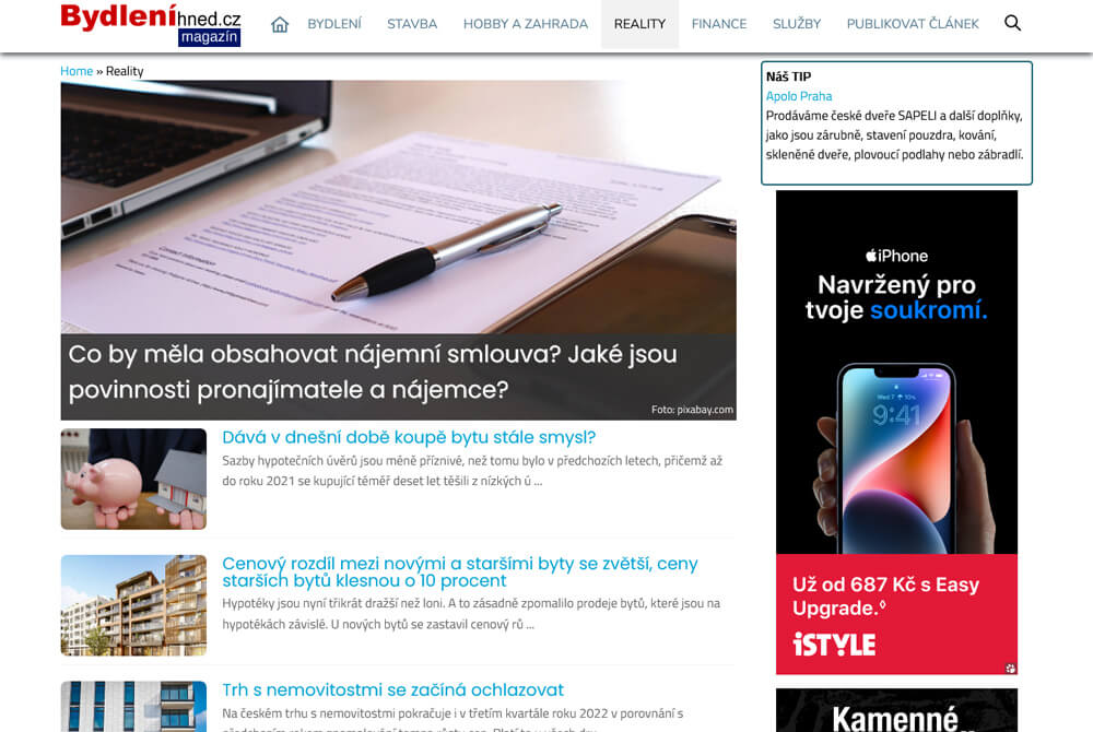 Publikace článku na magazínu o bydlení - Bydlenihned.cz