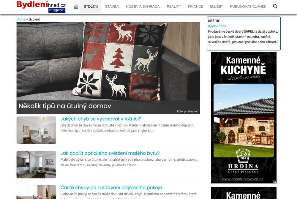 Publikace článku na magazínu o bydlení - Bydlenihned.cz