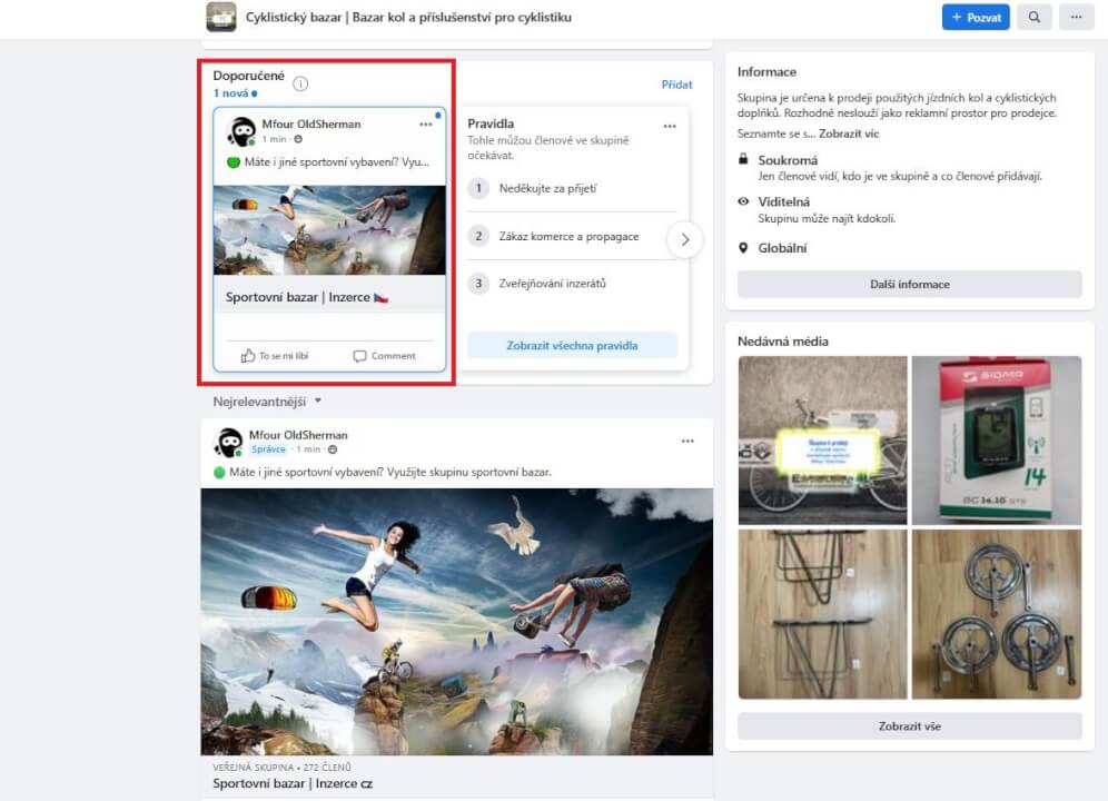 Reklama na Facebook skupině Cyklistický bazar