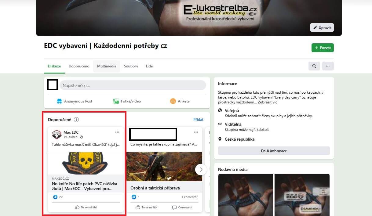 Reklama na Facebook skupině EDC vybavení