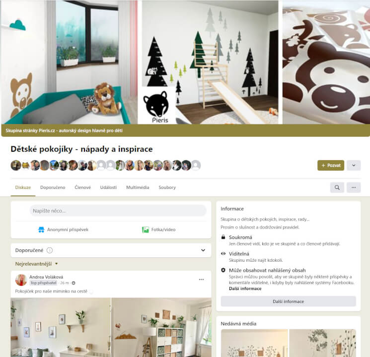 Připnutí příspěvků na Facebook skupině dětské pokojíky