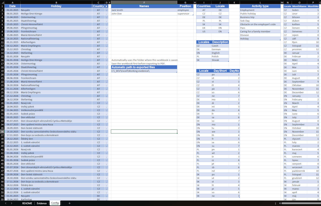 Excel:Evidence pracovní doby se státními svátky a lokalizací