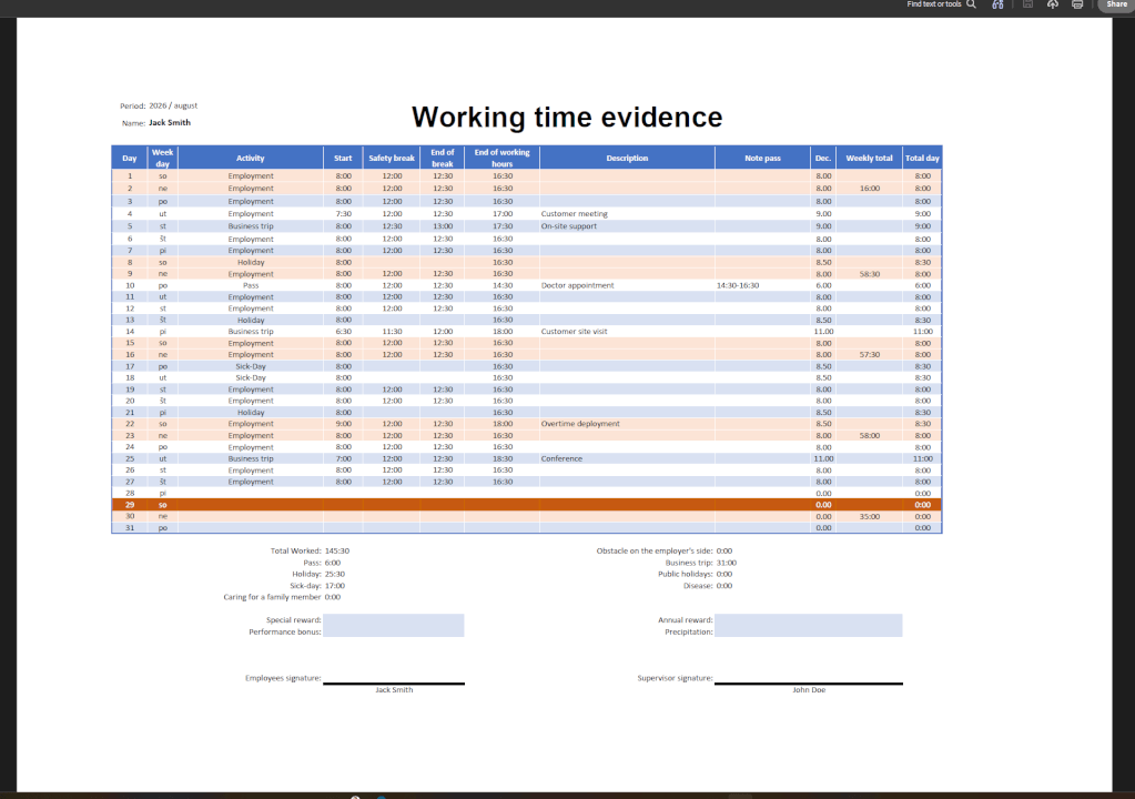 Excel:Evidence pracovní doby se státními svátky a lokalizací