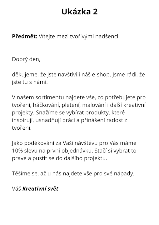 Uvítací e-mail pro e-shop s kreativními potřebami